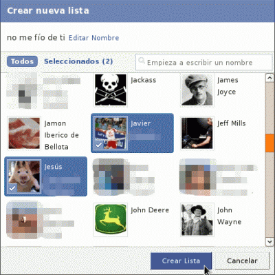 Dar nombre a la lista y seleccionar contactos para ella